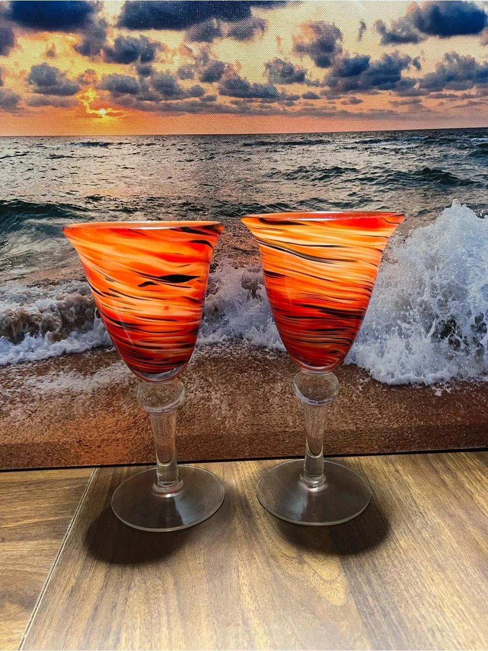 Pier 1 Handblown Glass Goblets ppin Orange & Black Swirl